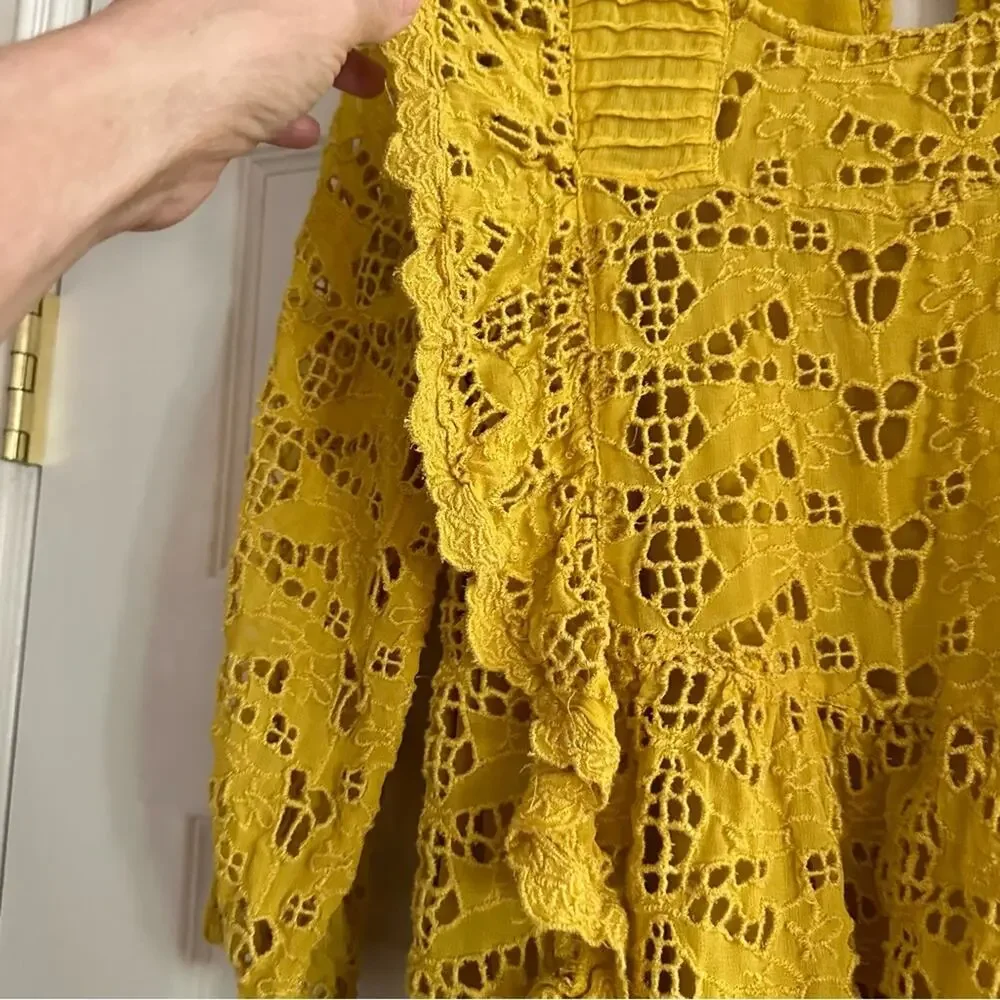 Anthropologie Yellow Clementine Blouse Eyelet Ruffle Puff Sleeve Top Shirt Sz 0